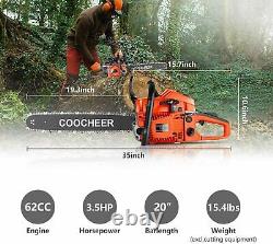 COOCHEER 62CC 20'' Gas Chainsaw Petrol Woodcutting Engine 2-Stroke Equipment